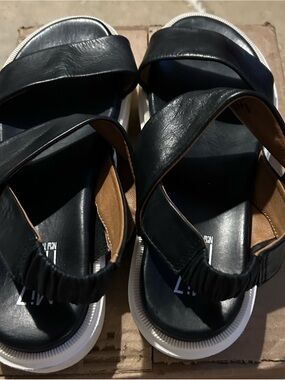 Miz Mooz Black Leather Platform Sandals with Chunky White Lug Sole